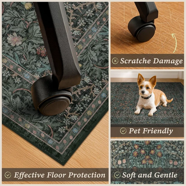 Alt view image 4 of 7 - JTJ 48"x60" Office Chair Mat for Hardwood Floors, Dark Green Vintage Rug