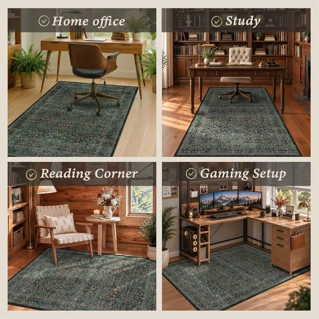 Alt view image 7 of 7 - JTJ 48"x60" Office Chair Mat for Hardwood Floors, Dark Green Vintage Rug