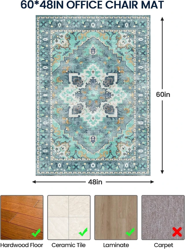 Alt view image 5 of 6 - Office Chair Mat for Hardwood Floor 48"x60" Machine Washable Teal