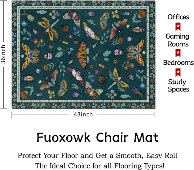 Alt view image 3 of 7 - Office Chair Mat for Hardwood & Tile Floor 36"x48",Modern Boho Floral Dark Green Computer Rolling Chair Mat Carpet Under Desk Non Slip Insect Print Gaming Rug Low-Pile Large Protector Mat