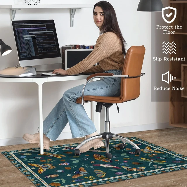 Alt view image 2 of 7 - Office Chair Mat for Hardwood & Tile Floor 36"x48",Modern Boho Floral Dark Green Computer Rolling Chair Mat Carpet Under Desk Non Slip Insect Print Gaming Rug Low-Pile Large Protector Mat