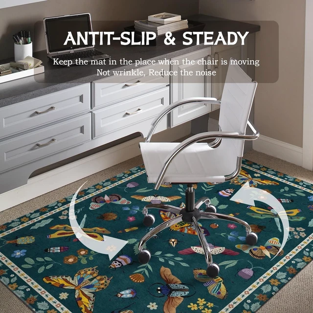 Alt view image 5 of 7 - Office Chair Mat for Hardwood & Tile Floor 36"x48",Modern Boho Floral Dark Green Computer Rolling Chair Mat Carpet Under Desk Non Slip Insect Print Gaming Rug Low-Pile Large Protector Mat