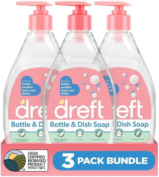 Main image of Bottle and Dish Soap | Made to Clean Baby Bottles, Sippy Cups, Pacifiers, Breast Pumps, & More | Gently Removes Milk Film & Odors | Plant Based, Fragrance Free Dish Soap | 18 Fl Oz (Pack of 3)