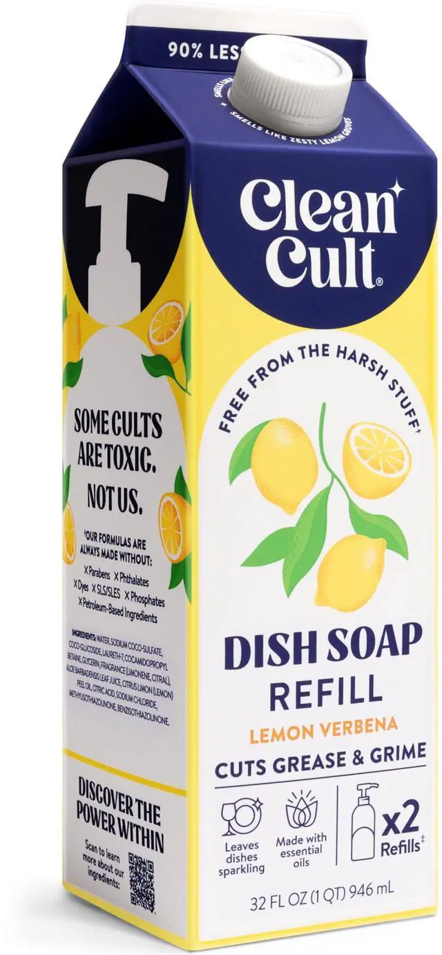 Main image of Dish Soap Liquid Refill (32oz, 1 Pack) - Plant Based Cleaning Power - Dish Soap that Cuts Grease & Grime - Free of Harsh Chemicals - Uses 90% Less Plastic - Lemon Verbena