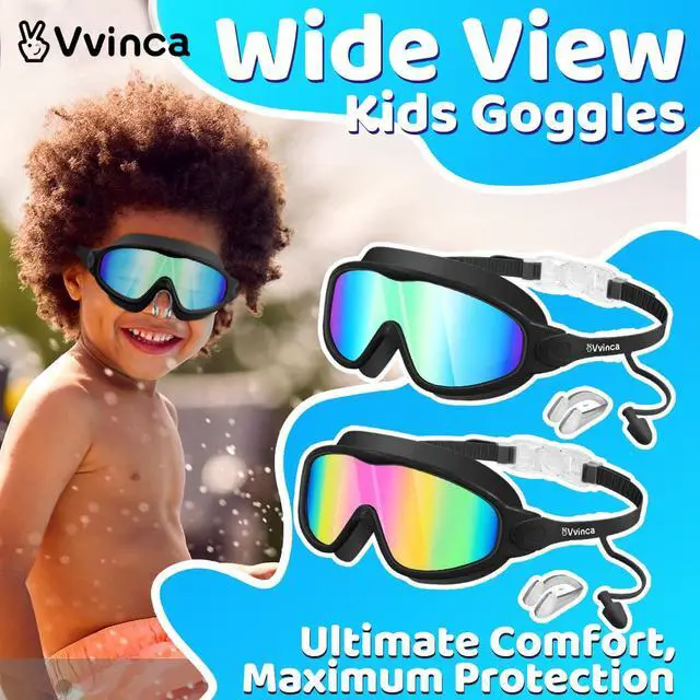 Alt view image 2 of 7 - Swim Goggles, Kids Goggles with Earplugs& Nose Clip Wide View Anti-Fog/UV Swimming Goggles for Age 3-15 Boys Girls