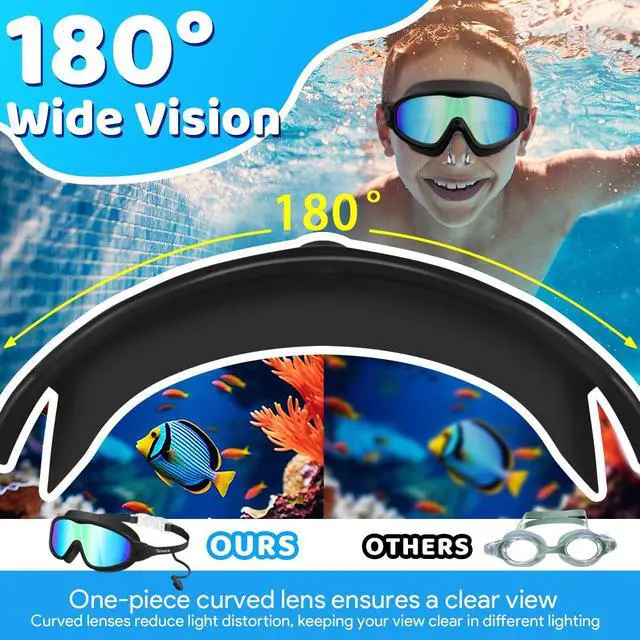 Alt view image 5 of 7 - Swim Goggles, Kids Goggles with Earplugs& Nose Clip Wide View Anti-Fog/UV Swimming Goggles for Age 3-15 Boys Girls