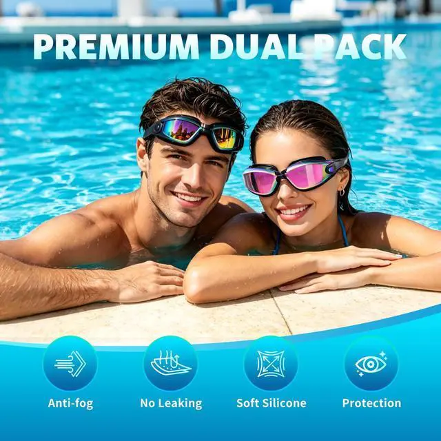 Alt view image 6 of 7 - Swim Goggles 2-Pack, No Leaking Anti-Fog UV Protection Mirrored Swim Glasses for Adult Men Women, Wide View Outdoor