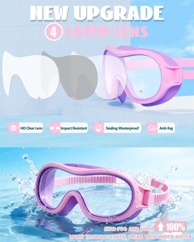 Alt view image 7 of 7 - 2 Pack Swim goggles for Kids 3-15, Anti-Fog Anti-UV Wide Vision Waterproof, No leak Swimming goggles for Boys Girls