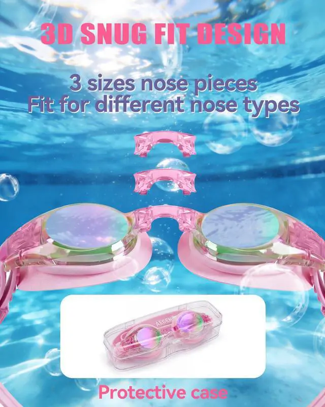 Alt view image 3 of 7 - 2 Pack Kids Goggles, Swimming Goggles for Kids Age 4-16 Boys and Girls Youth, Anti-Fog Pool Goggles, Bright Lavenderish & Crisp Pink