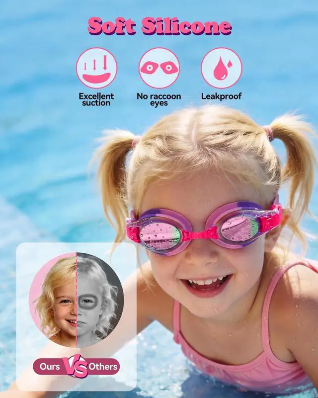 Alt view image 5 of 7 - 2 Pack Kids Goggles, Swimming Goggles for Kids Age 4-16 Boys and Girls Youth, Anti-Fog Pool Goggles, Bright Lavenderish & Crisp Pink