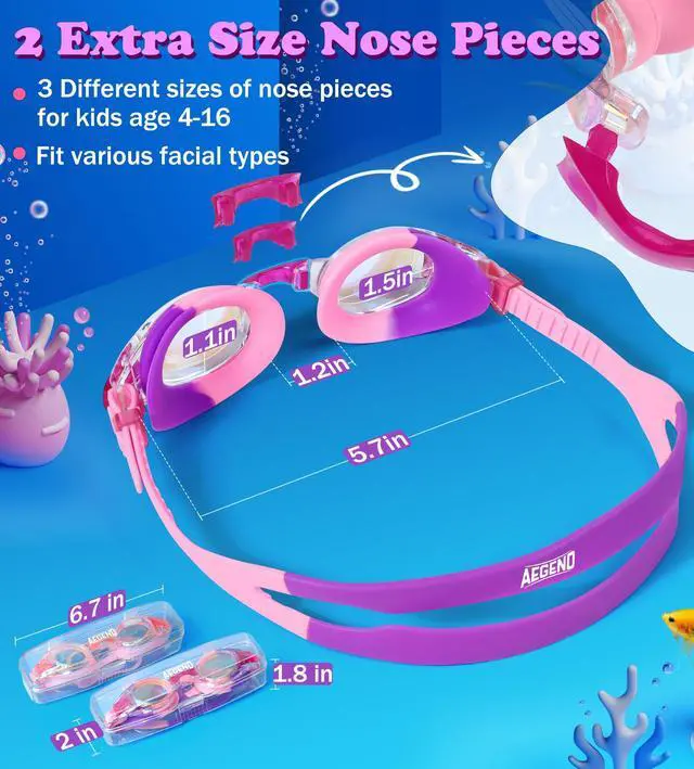 Alt view image 7 of 7 - 2 Pack Kids Goggles, Swimming Goggles for Kids Age 4-16 Boys and Girls Youth, Anti-Fog Pool Goggles, Bright Lavenderish & Crisp Pink