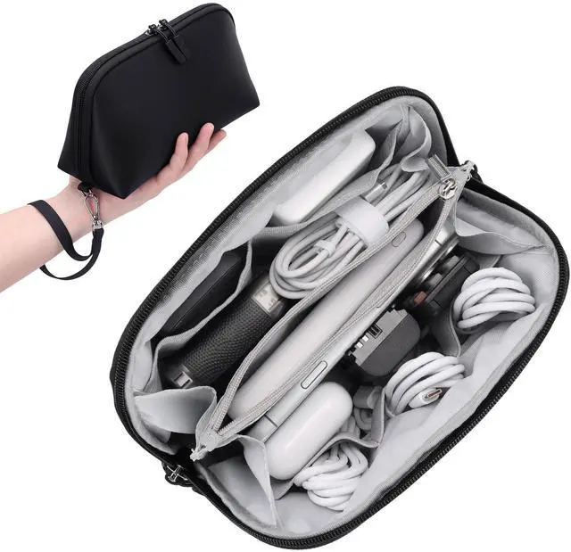 Main image of Travel Cable Organizer - 8 Compartments Lightweight Water Resistant Tech Pouch with Wrist Strap Portable Electronic Accessories Case for Cord Charger Storage for Travel Home Office Black (Medium)