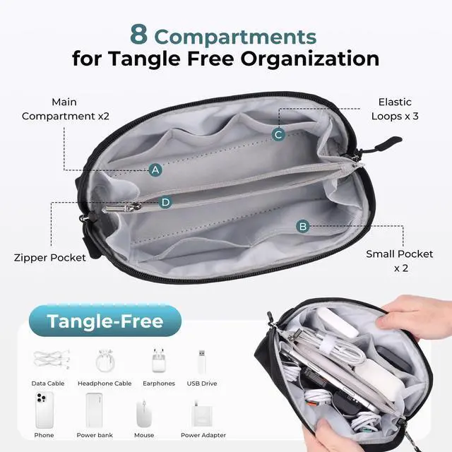 Alt view image 4 of 7 - Travel Cable Organizer - 8 Compartments Lightweight Water Resistant Tech Pouch with Wrist Strap Portable Electronic Accessories Case for Cord Charger Storage for Travel Home Office Black (Medium)