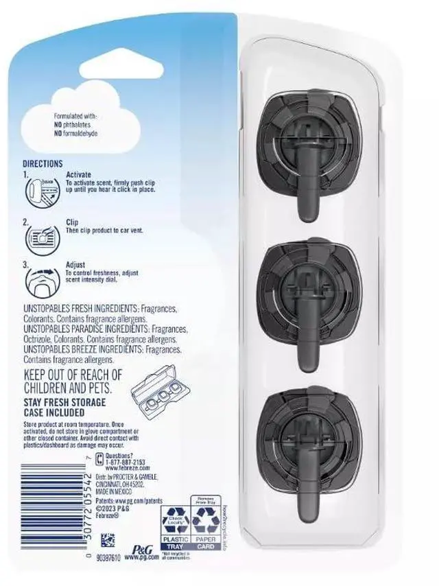 Main image of Car Air Freshener Vent Clips, Car Freshener, Unstopables Scents Variety Pack, .07 oz. Car Vent Clip, 3-Count, Car Air Fresheners