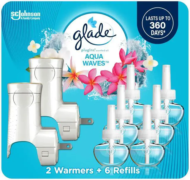Main image of PlugIns Refills Air Freshener Starter Kit, Scented and Essential Oils for Home and Bathroom, Aqua Waves, 4.02 Fl Oz, 2 Warmers + 6 Refills