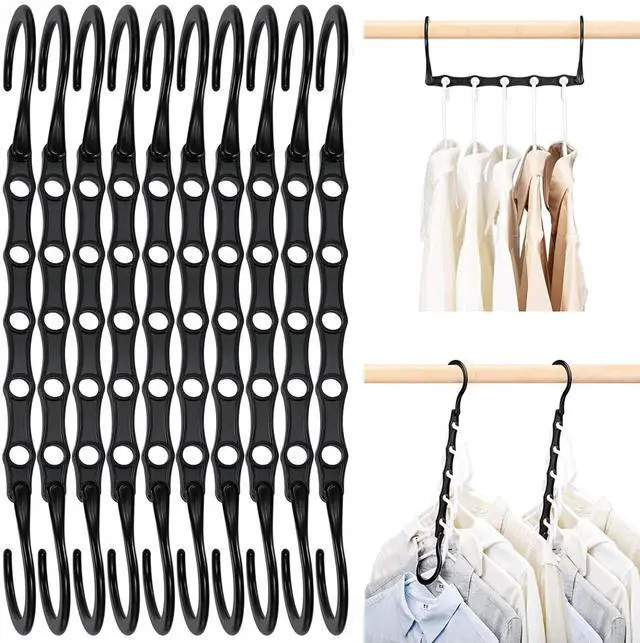 Main image of 10 Pack Space Saving Hangers, Black, Premium Smart Hanger, Closet Organizers and Storage, Sturdy Cascading Hangers with 5 Holes for Heavy Clothes, College Dorm Room Essentials