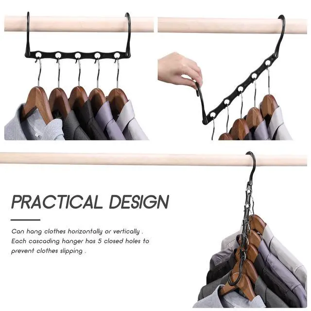 Alt view image 2 of 7 - 10 Pack Space Saving Hangers, Black, Premium Smart Hanger, Closet Organizers and Storage, Sturdy Cascading Hangers with 5 Holes for Heavy Clothes, College Dorm Room Essentials