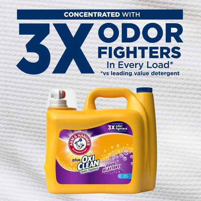 Alt view image 4 of 7 - Plus OxiClean with Odor Blasters Liquid Laundry Detergent, Laundry Odor Remover, Attacks Stains, Fresh Burst Scent, 122 Loads, 158.6 Fl Oz