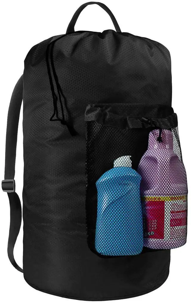 Main image of Laundry Bag with Shoulder Straps and Mesh Pocket Laundry Backpack Large Portable Laundry Hamper for College Travel, Laundromat, Apartment (Black)
