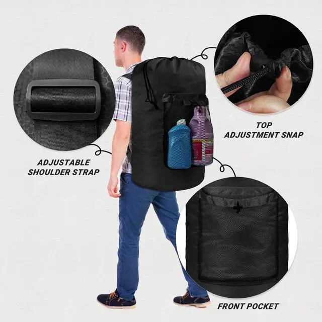 Alt view image 3 of 7 - Laundry Bag with Shoulder Straps and Mesh Pocket Laundry Backpack Large Portable Laundry Hamper for College Travel, Laundromat, Apartment (Black)