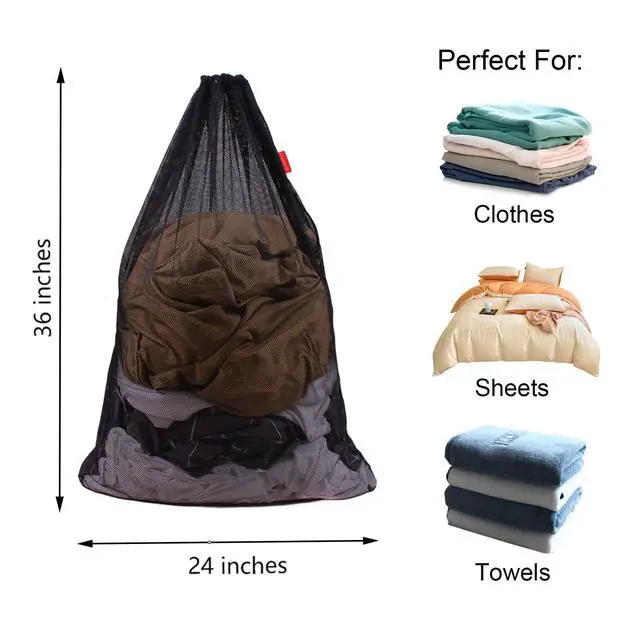Alt view image 2 of 6 - 2 Pack Mesh Laundry Bags, 24 x 36 Inches Heavy Duty Drawstring Bag, Factories, College, Dorm, Travel and Apartment Dwellers, Black