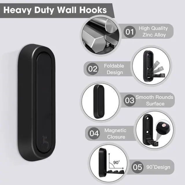 Alt view image 2 of 7 - Folding Wall Hooks, 2 Pcs Foldable Black Coat Hooks Heavy Duty Foldable Hook Bathroom Towel Hooks Robe Hooks Wall Mounted for Hanging Coat Towels Clothes Hat Bags Keys