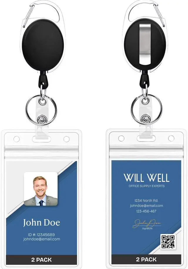 Main image of ID Badge Holders with Clip and Keyring - Vertical Clear Plastic 2.52" x 3.58" Sleeves Fit Up to 3 Cards - Retractable 24" UHMWPE Fiber Pull Cords for Easy Access - 2-Pack, Black Reels