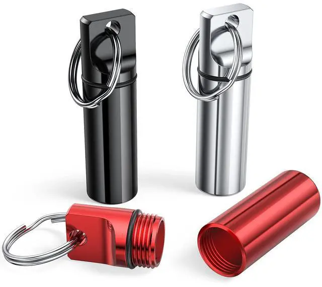 Main image of Small Portable Pill Box Keychain (3 Pack), Aluminium Alloy Mini Pill Organizer Case Container for Purse,Waterproof Metal Pill Holder Medicine Bottle for Outdoor Camping Travel(Black+Silver+Red)