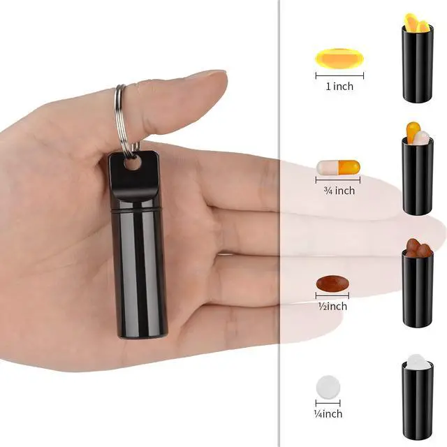 Alt view image 2 of 6 - Small Portable Pill Box Keychain (3 Pack), Aluminium Alloy Mini Pill Organizer Case Container for Purse,Waterproof Metal Pill Holder Medicine Bottle for Outdoor Camping Travel(Black+Silver+Red)