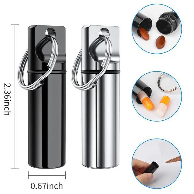 Alt view image 3 of 6 - Small Portable Pill Box Keychain (3 Pack), Aluminium Alloy Mini Pill Organizer Case Container for Purse,Waterproof Metal Pill Holder Medicine Bottle for Outdoor Camping Travel(Black+Silver+Red)