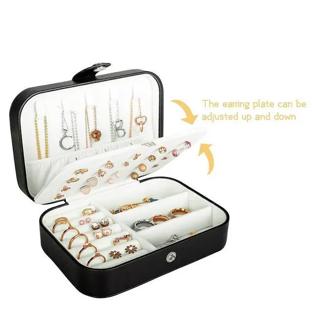 Alt view image 4 of 7 - Travel Jewelry Box, PU Leather Small Jewelry Organizer for Women Girls, Double Layer Portable Mini Travel Case Display Storage Holder Boxes for Stud Earrings, Rings (Black)