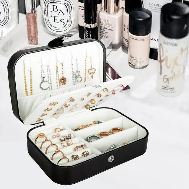 Alt view image 2 of 7 - Travel Jewelry Box, PU Leather Small Jewelry Organizer for Women Girls, Double Layer Portable Mini Travel Case Display Storage Holder Boxes for Stud Earrings, Rings (Black)