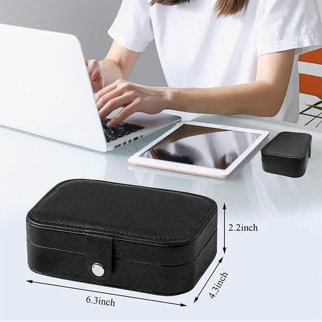 Alt view image 5 of 7 - Travel Jewelry Box, PU Leather Small Jewelry Organizer for Women Girls, Double Layer Portable Mini Travel Case Display Storage Holder Boxes for Stud Earrings, Rings (Black)