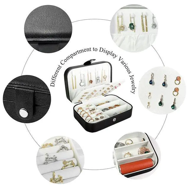 Alt view image 3 of 7 - Travel Jewelry Box, PU Leather Small Jewelry Organizer for Women Girls, Double Layer Portable Mini Travel Case Display Storage Holder Boxes for Stud Earrings, Rings (Black)