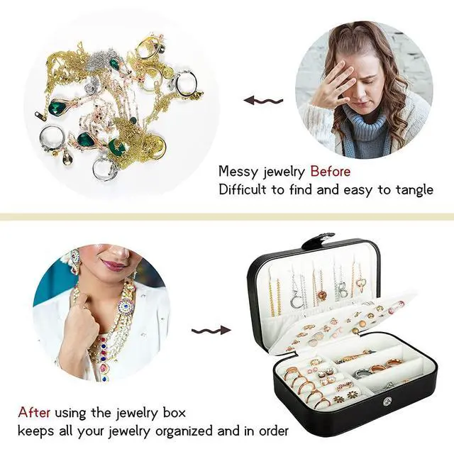 Alt view image 6 of 7 - Travel Jewelry Box, PU Leather Small Jewelry Organizer for Women Girls, Double Layer Portable Mini Travel Case Display Storage Holder Boxes for Stud Earrings, Rings (Black)