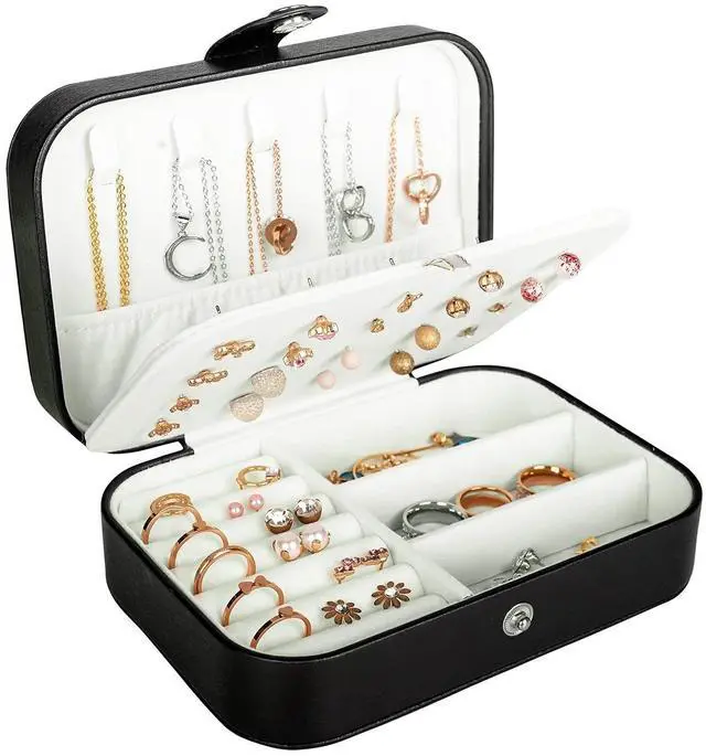 Main image of Travel Jewelry Box, PU Leather Small Jewelry Organizer for Women Girls, Double Layer Portable Mini Travel Case Display Storage Holder Boxes for Stud Earrings, Rings (Black)