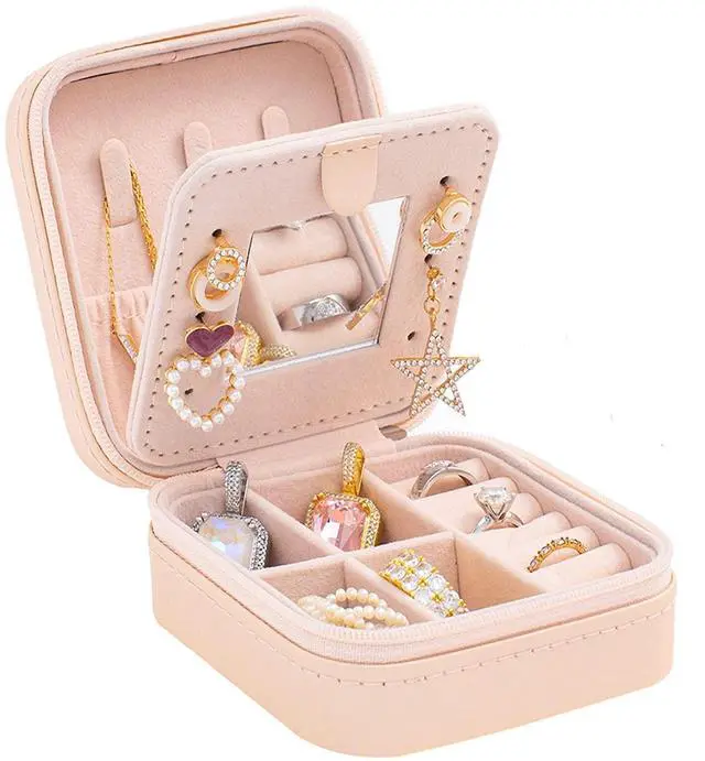 Main image of Travel jewelry case Travel jewelry box Travel Jewelry Organizer Small box Gift for Girls Women with Mirror(Pink)