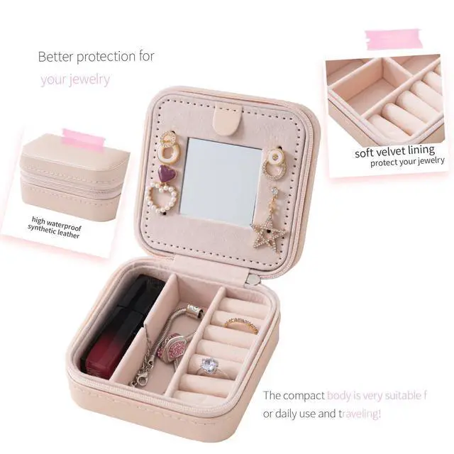 Alt view image 3 of 6 - Travel jewelry case Travel jewelry box Travel Jewelry Organizer Small box Gift for Girls Women with Mirror(Pink)
