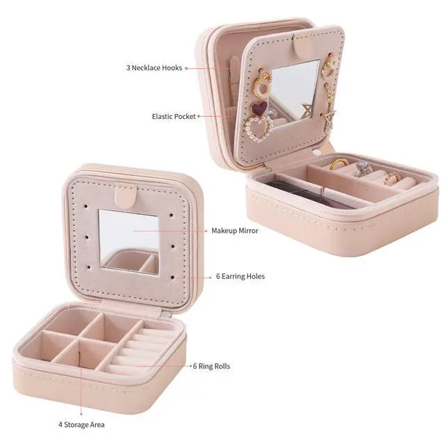 Alt view image 4 of 6 - Travel jewelry case Travel jewelry box Travel Jewelry Organizer Small box Gift for Girls Women with Mirror(Pink)