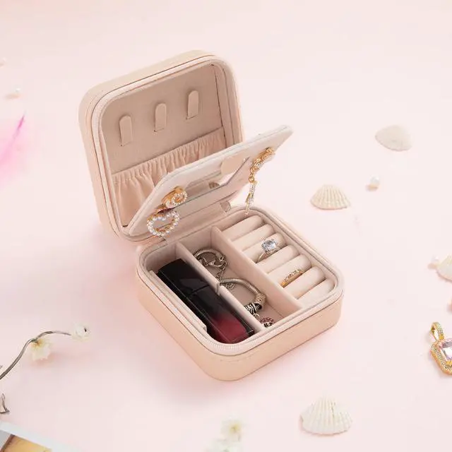 Alt view image 6 of 6 - Travel jewelry case Travel jewelry box Travel Jewelry Organizer Small box Gift for Girls Women with Mirror(Pink)