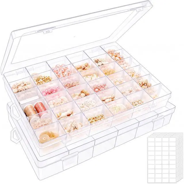 Main image of 2 Pack Clear Bead Organizer Tackle Box with Adjustable Dividers for Jewelry Art Craft Containers 36 Grids Compartment with 5 Sheets Label Stickers