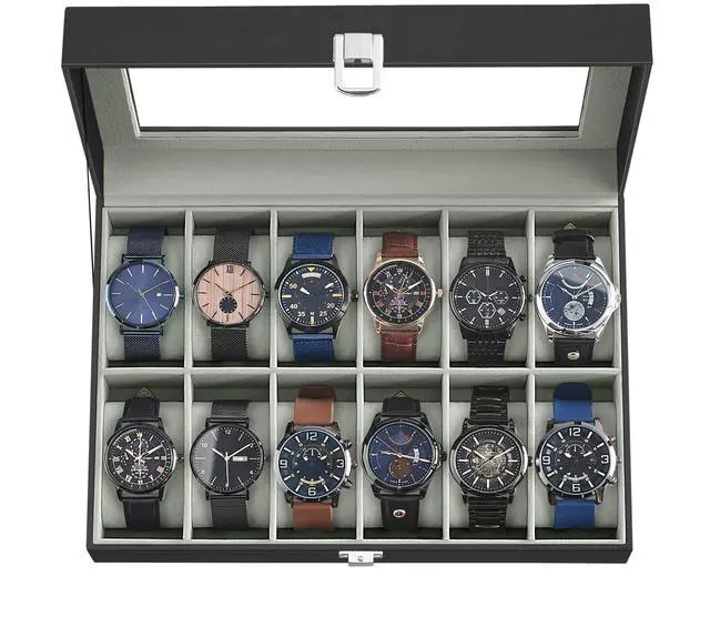 Main image of Watch Box, 12-Slot Watch Case Organizer with Large Glass Lid, Removable Pillows, Gift for Loved Ones, Black Synthetic Leather, Gray Lining UJWB12BK
