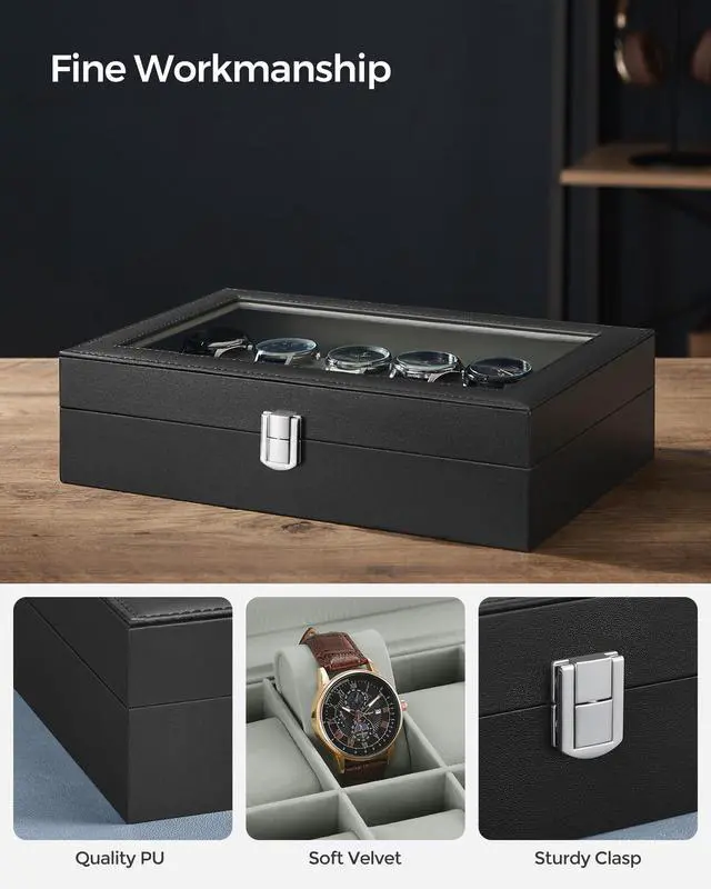 Alt view image 3 of 7 - Watch Box, 12-Slot Watch Case Organizer with Large Glass Lid, Removable Pillows, Gift for Loved Ones, Black Synthetic Leather, Gray Lining UJWB12BK