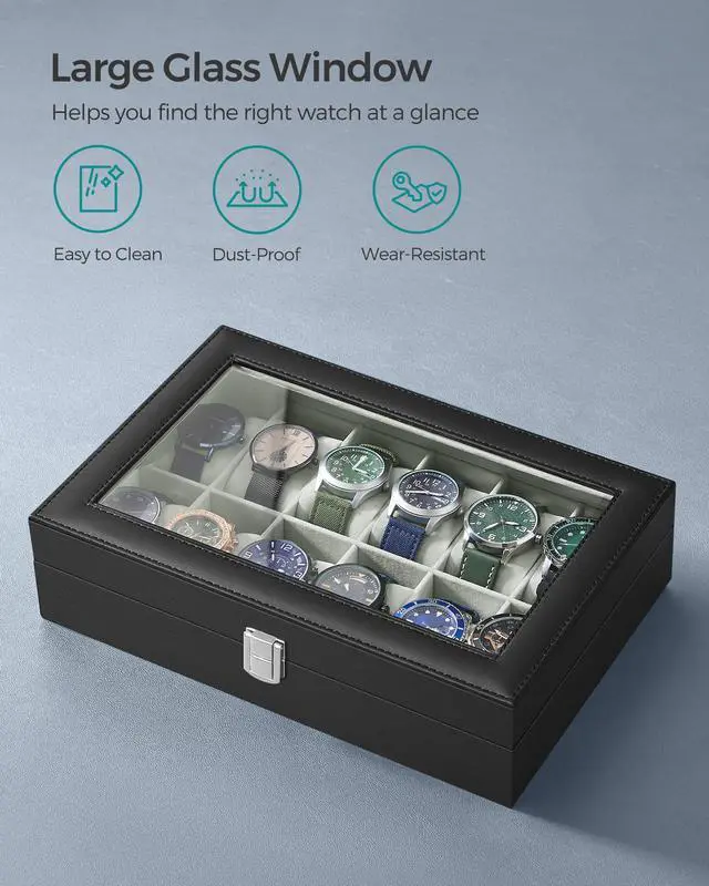 Alt view image 4 of 7 - Watch Box, 12-Slot Watch Case Organizer with Large Glass Lid, Removable Pillows, Gift for Loved Ones, Black Synthetic Leather, Gray Lining UJWB12BK