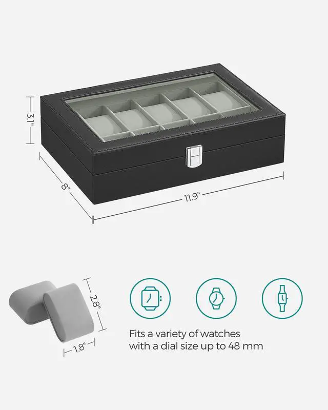 Alt view image 6 of 7 - Watch Box, 12-Slot Watch Case Organizer with Large Glass Lid, Removable Pillows, Gift for Loved Ones, Black Synthetic Leather, Gray Lining UJWB12BK
