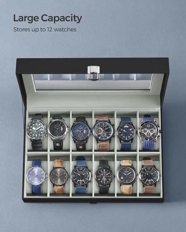 Alt view image 5 of 7 - Watch Box, 12-Slot Watch Case Organizer with Large Glass Lid, Removable Pillows, Gift for Loved Ones, Black Synthetic Leather, Gray Lining UJWB12BK