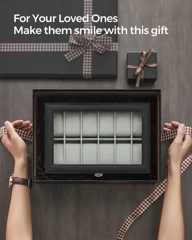 Alt view image 7 of 7 - Watch Box, 12-Slot Watch Case Organizer with Large Glass Lid, Removable Pillows, Gift for Loved Ones, Black Synthetic Leather, Gray Lining UJWB12BK