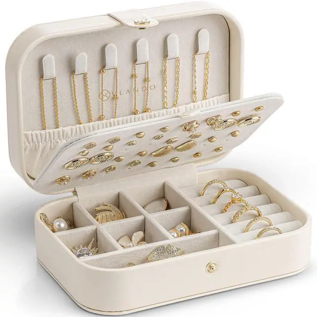 Main image of Travel Jewelry Case for Women Girls, Gifts for Mother, PU Leather Small Jewelry Box for Rings, Necklaces, Bracelets, Earring Holder Organizer Storage for Travel Essentials - Beige
