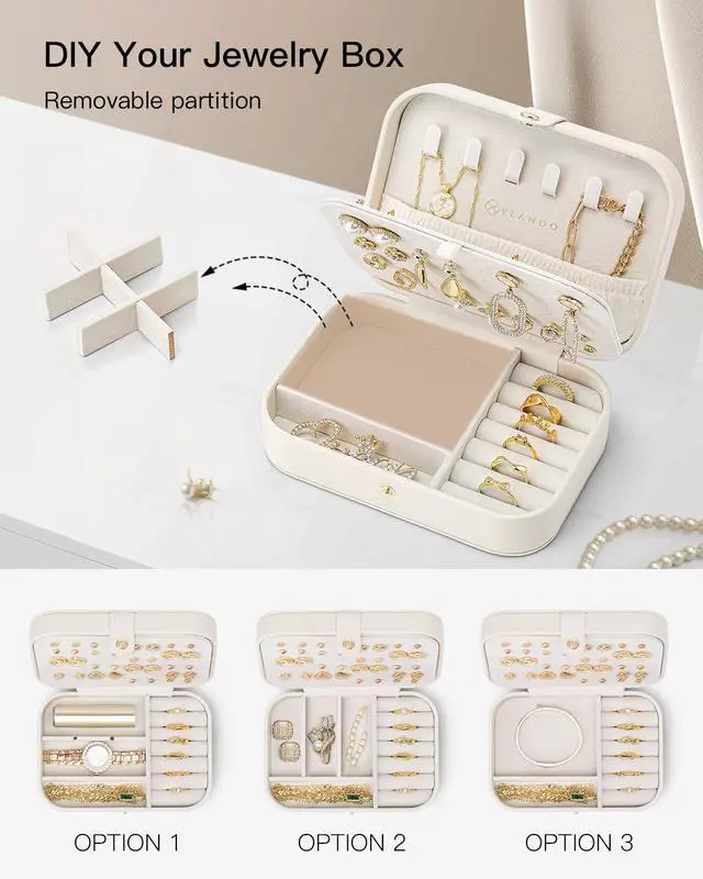 Alt view image 3 of 7 - Travel Jewelry Case for Women Girls, Gifts for Mother, PU Leather Small Jewelry Box for Rings, Necklaces, Bracelets, Earring Holder Organizer Storage for Travel Essentials - Beige