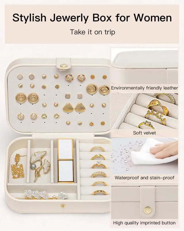 Alt view image 4 of 7 - Travel Jewelry Case for Women Girls, Gifts for Mother, PU Leather Small Jewelry Box for Rings, Necklaces, Bracelets, Earring Holder Organizer Storage for Travel Essentials - Beige